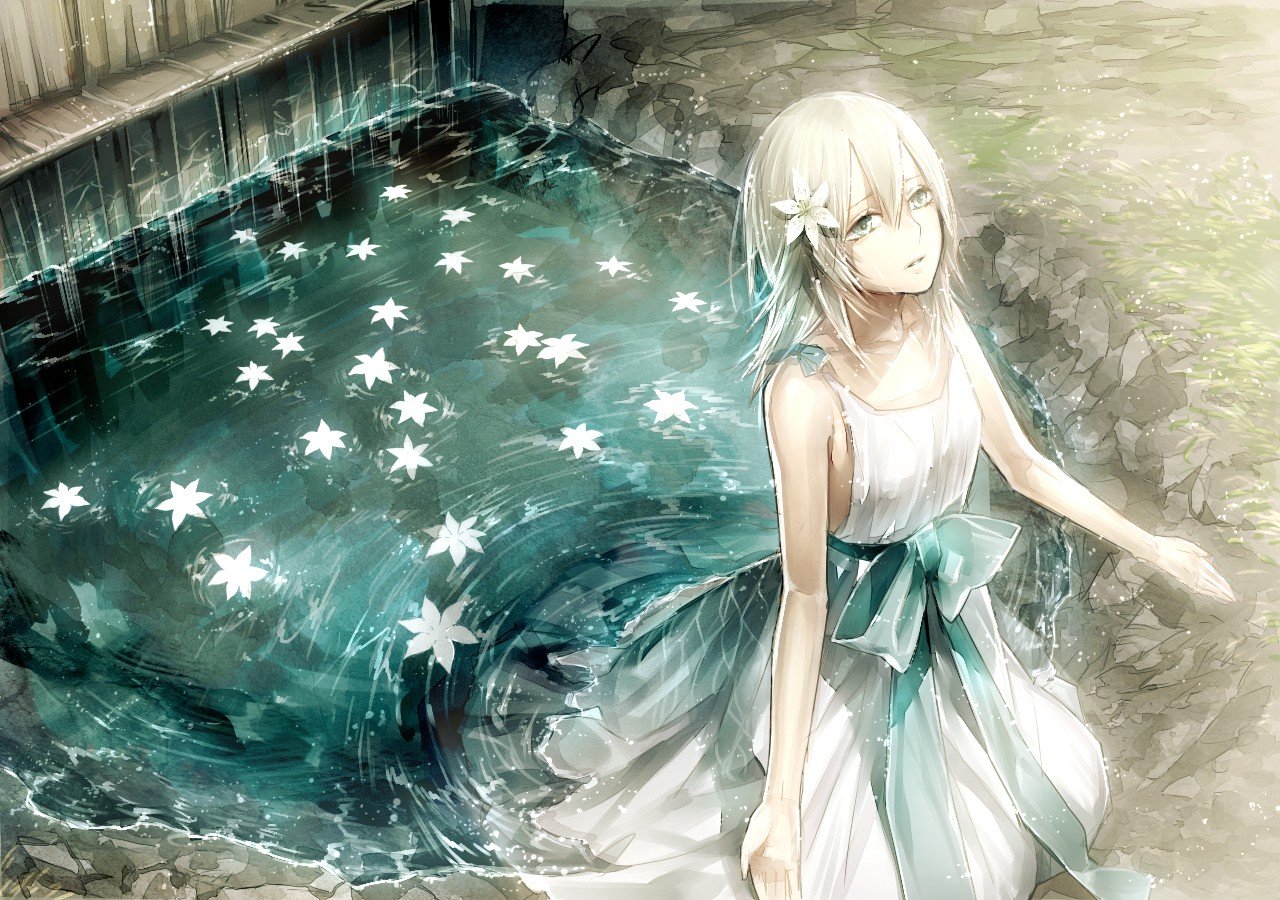 NieR, Yonah (Nier), Water, Flowers, Flower in hair, White dress, Ribbon, Anime girls, Anime Wallpaper