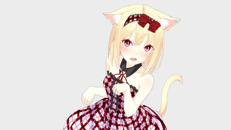 nekomimi, Anime, Anime girls, Animal ears, Blonde, Ribbon, Original characters HD Wallpaper Desktop Background