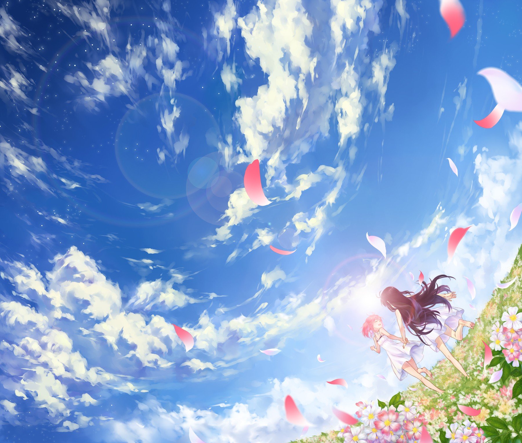 Mahou Shoujo Madoka Magica, Akemi Homura, Kaname Madoka, Long hair, Twintails, Flowers, Flower petals, Sky, Clouds, Anime girls, Anime Wallpaper