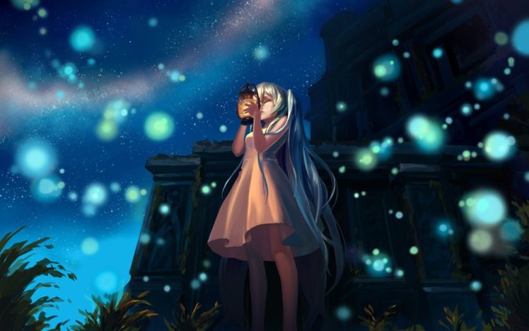 anime girls, Vocaloid, Hatsune Miku, Stars, Night HD Wallpaper Desktop Background