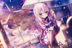 anime girls, Umbrella, Original characters, Cat, Snow