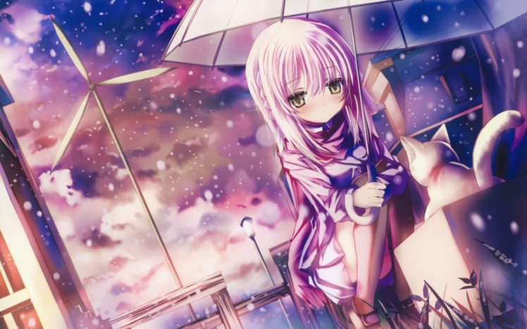 anime girls, Umbrella, Original characters, Cat, Snow HD Wallpaper Desktop Background