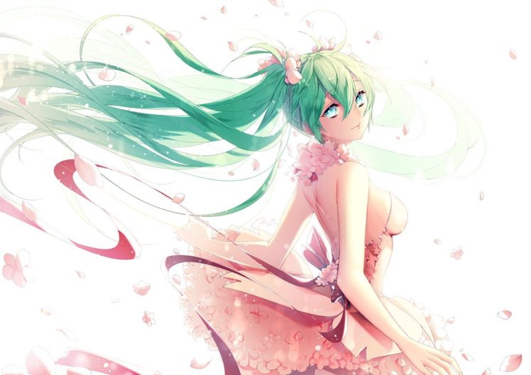 Vocaloid, Hatsune Miku, Dress, Flowers, Flower in hair, Flower petals, Ribbon, Long hair, Twintails, Anime girls, Anime HD Wallpaper Desktop Background