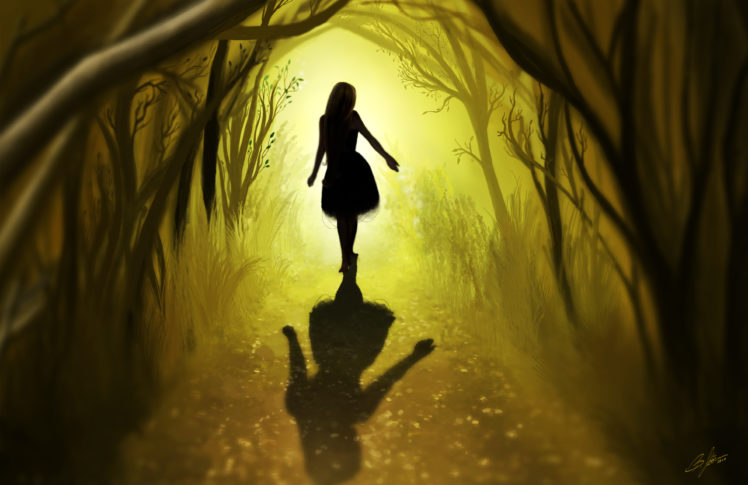 art, Girl, Back, Hair, Wood, Trees, Leaves, Road, Shadow, Mood HD Wallpaper Desktop Background