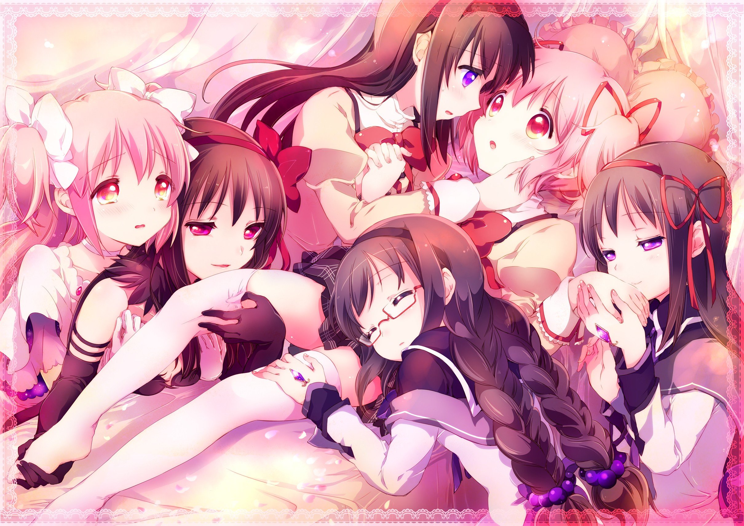 Mahou Shoujo Madoka Magica, Kaname Madoka, Akemi Homura, Thigh highs Wallpaper