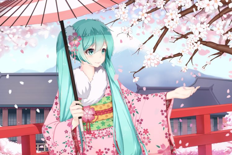 anime girls, Long hair, Hatsune Miku, Vocaloid, Cherry blossom HD Wallpaper Desktop Background