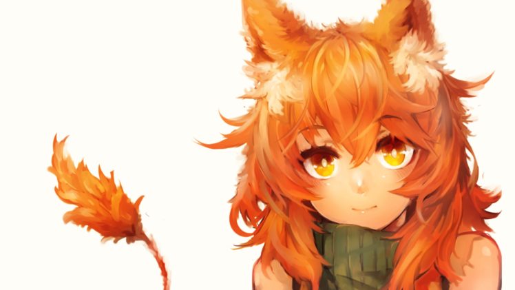 anime, Fox girl, Orange eyes, Orange hair HD Wallpaper Desktop Background