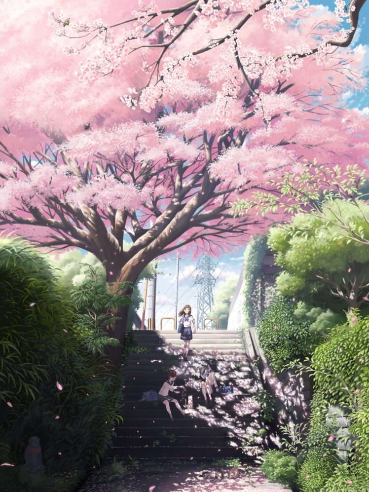 original characters, Cherry trees, Trees, Flower petals, Grass, Schoolgirls, School uniform, Cat, Ribbon, Anime girls, Anime, Stairs HD Wallpaper Desktop Background