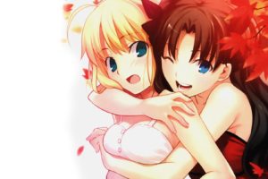 anime girls, Fate Series, Saber, Tohsaka Rin, Hugging