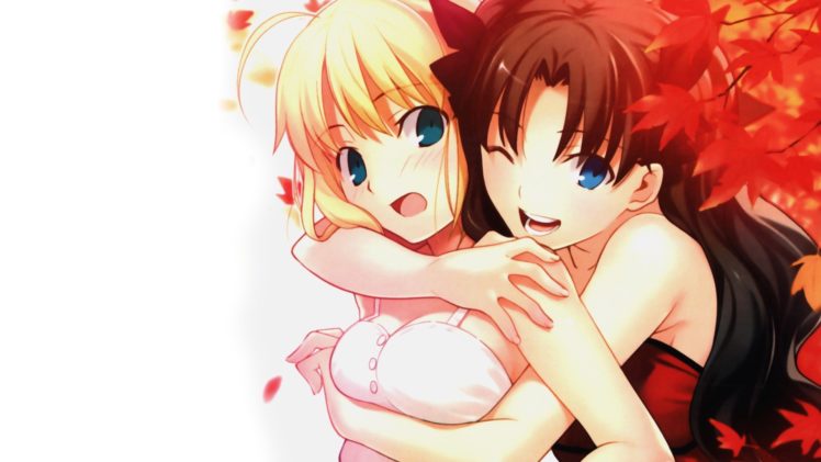 anime girls, Fate Series, Saber, Tohsaka Rin, Hugging HD Wallpaper Desktop Background