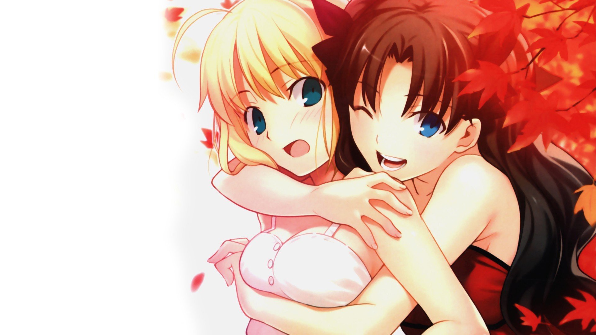 anime girls, Fate Series, Saber, Tohsaka Rin, Hugging Wallpaper