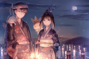 night, Pokemon, Fireworks, Kimono