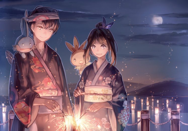 night, Pokemon, Fireworks, Kimono HD Wallpaper Desktop Background
