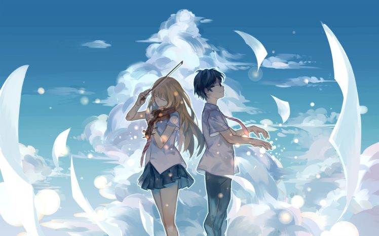 clouds, Violin, Sky, Shigatsu wa Kimi no Uso, Arima Kousei, Miyazono Kaori HD Wallpaper Desktop Background