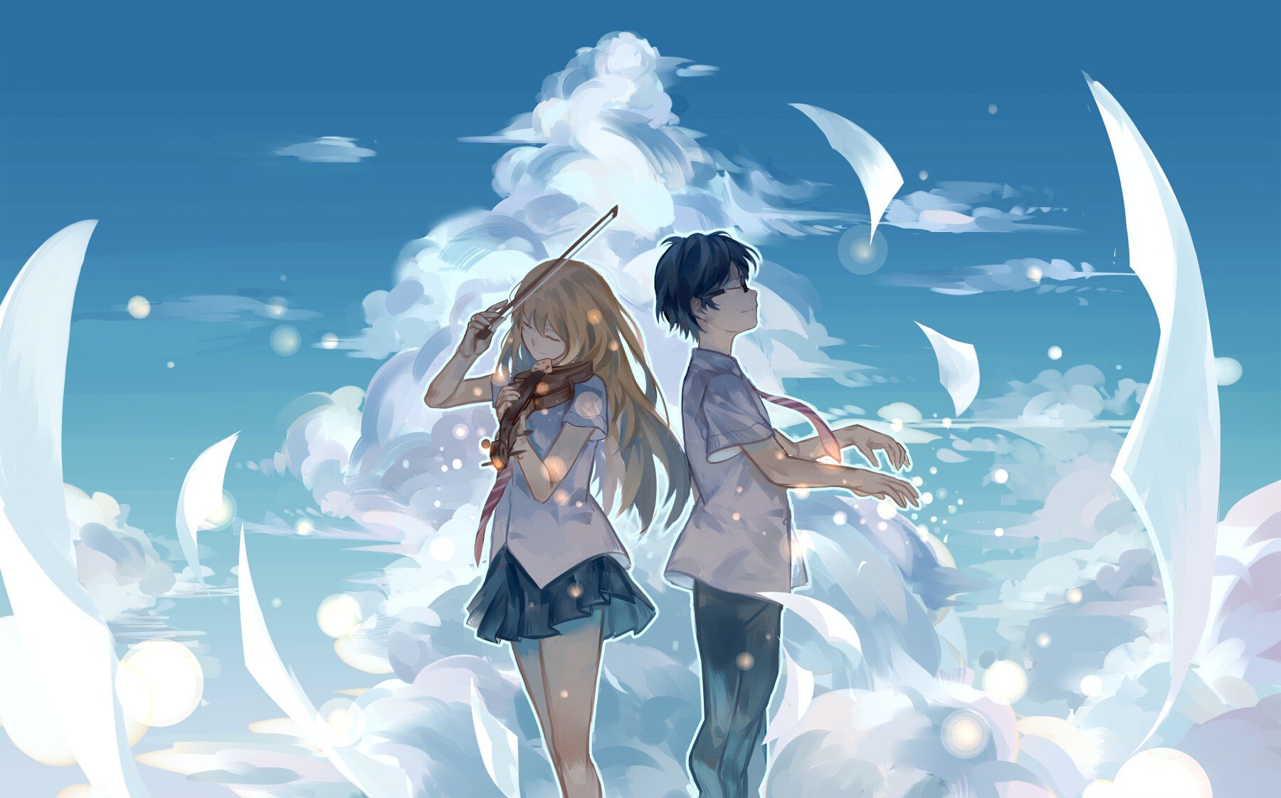 clouds, Violin, Sky, Shigatsu wa Kimi no Uso, Arima Kousei, Miyazono Kaori Wallpaper