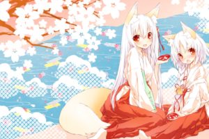 fox girl, Animal ears, Shrine maidens, Miko, Tail, Original characters, Red eyes, White hair, Kitsunemimi
