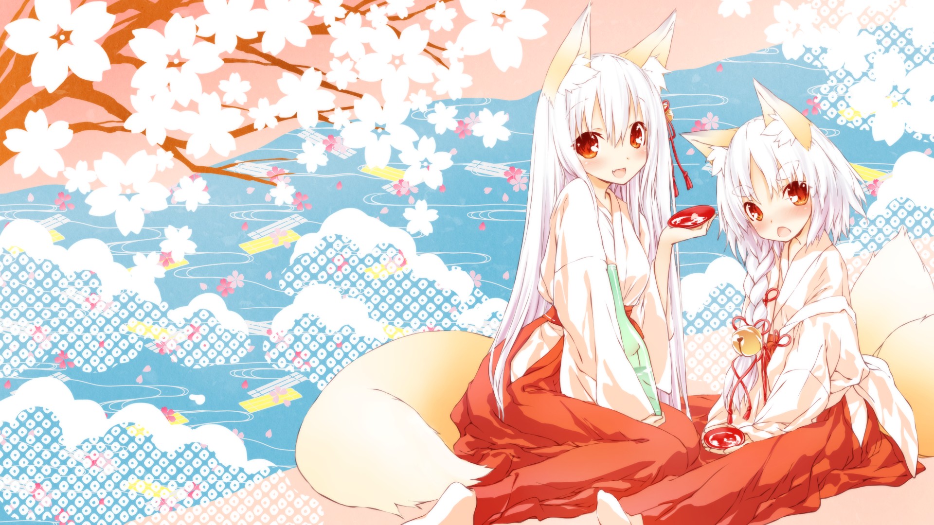 fox girl, Animal ears, Shrine maidens, Miko, Tail, Original characters, Red eyes, White hair, Kitsunemimi Wallpaper