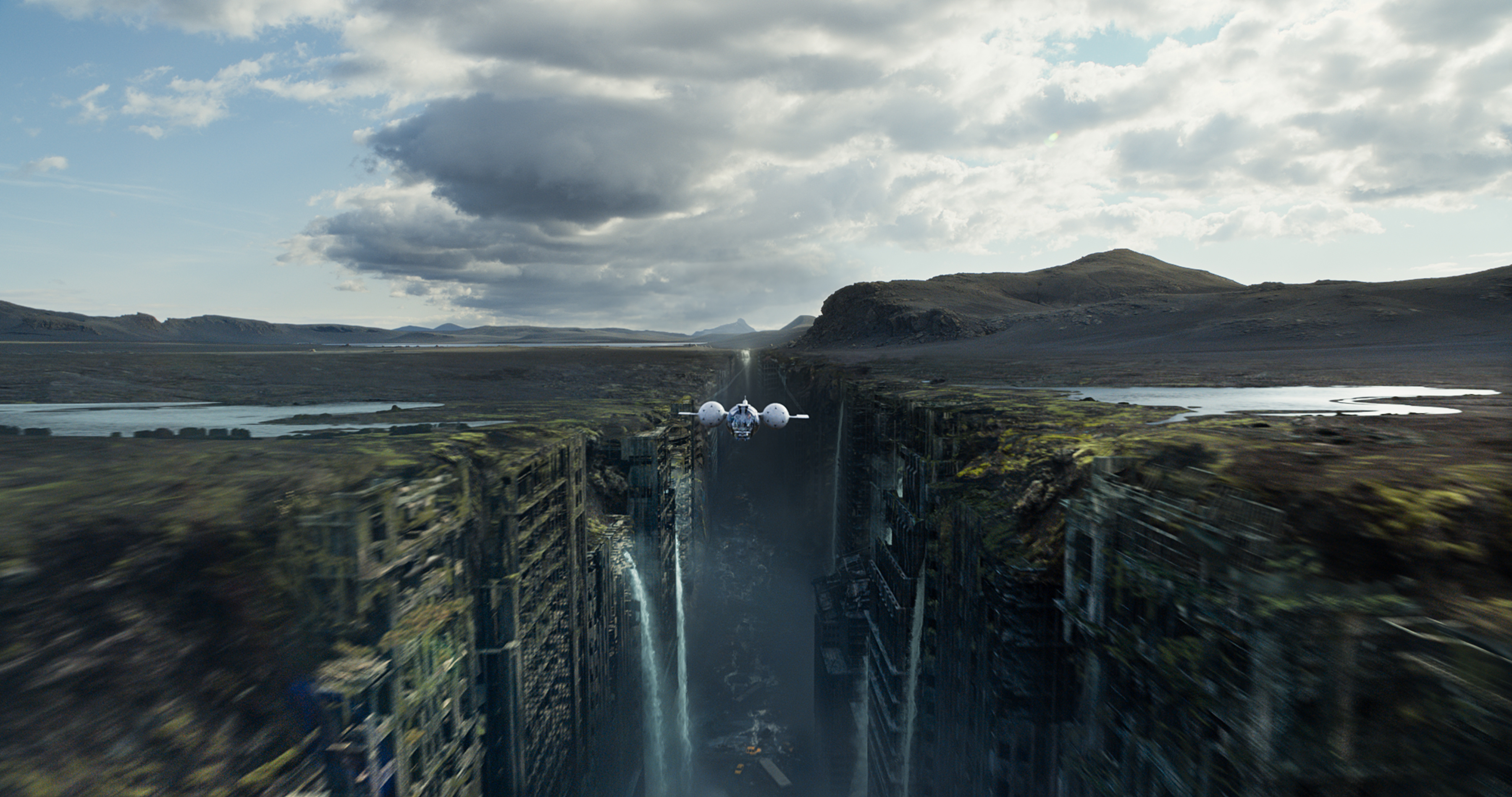 oblivion, Flight, Oblivion, Spaceship, Apocalyptic, City, Waterfall Wallpaper