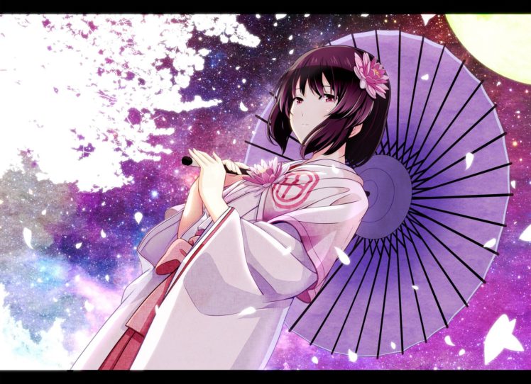 Oshiro Project, Original characters, Japanese clothes, Traditional clothing, Short hair, Umbrella, Anime girls, Ribbon HD Wallpaper Desktop Background