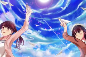 Saenai Heroine no Sodatekata, Kato Megumi, Sky, Anime, Anime girls, Clouds, Paper planes