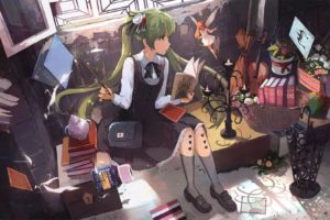 Vocaloid, Hatsune Miku, Broom, Long hair, Books, Candles, Thighs, Fairies, Wings, Flower in hair, Flowers, Magic, Twintails, Wands, Ribbon, Teddy bears, Violin, Anime girls, Anime