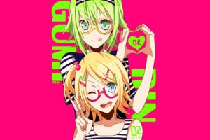 anime, Vocaloid, Megpoid Gumi, Kagamine Rin, Pink background, Glasses, Anime girls