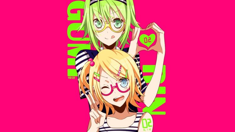 anime, Vocaloid, Megpoid Gumi, Kagamine Rin, Pink background, Glasses, Anime girls HD Wallpaper Desktop Background