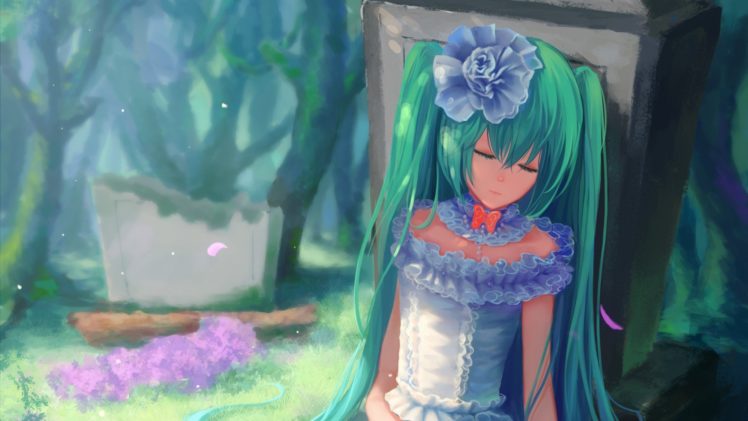 anime, Vocaloid, Sleeping, Closed eyes, Twintails, Aqua hair, Anime girls HD Wallpaper Desktop Background