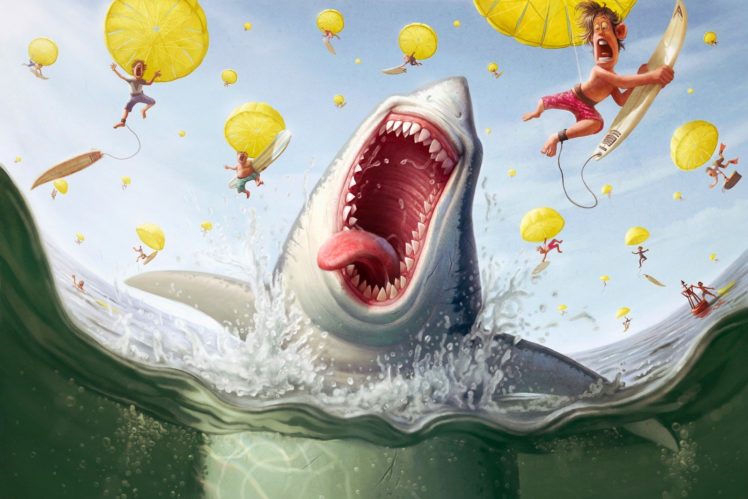 shark, Parachutes, People, Sea HD Wallpaper Desktop Background