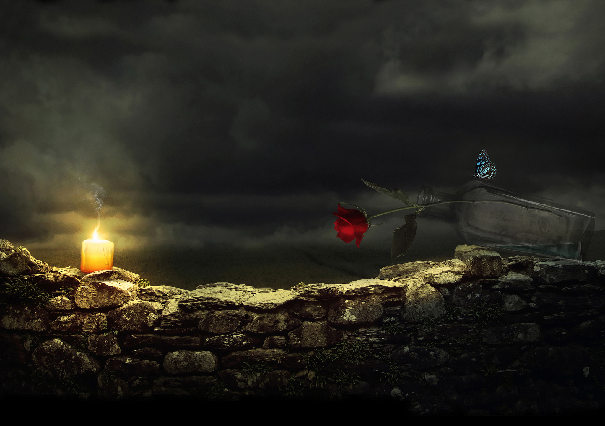 bottle, Flower, Rose, Red, Butterfly, Candle, Clouds, Night, Bokeh Wallpaper