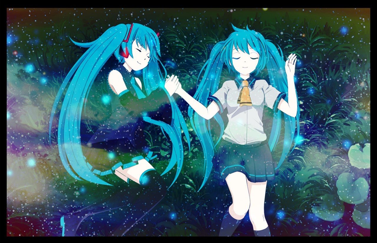 anime, Hatsune Miku, Vocaloid, Twintails, Blue hair, Closed eyes Wallpaper