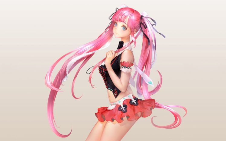 original characters, Pink hair, Skirt, Twintails, Blue eyes HD Wallpaper Desktop Background