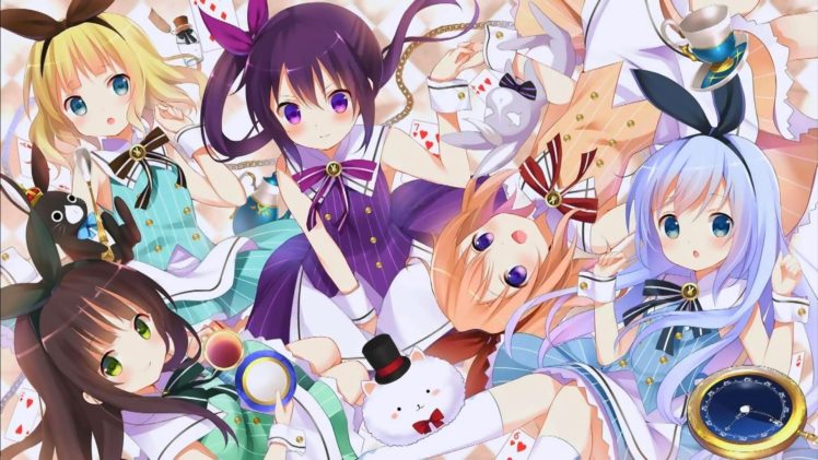 anime girls, Gochuumon wa Usagi Desu ka?, Kirima Sharo, Tedeza Rize, Kafuu Chino, Hoto Kokoa, Ujimatsu Chiya HD Wallpaper Desktop Background