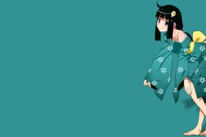 anime, Anime girls, Araragi Tsukihi, Kimono, Ribbon, Smiling, Simple background