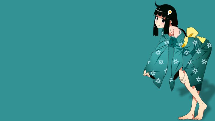 anime, Anime girls, Araragi Tsukihi, Kimono, Ribbon, Smiling, Simple background HD Wallpaper Desktop Background