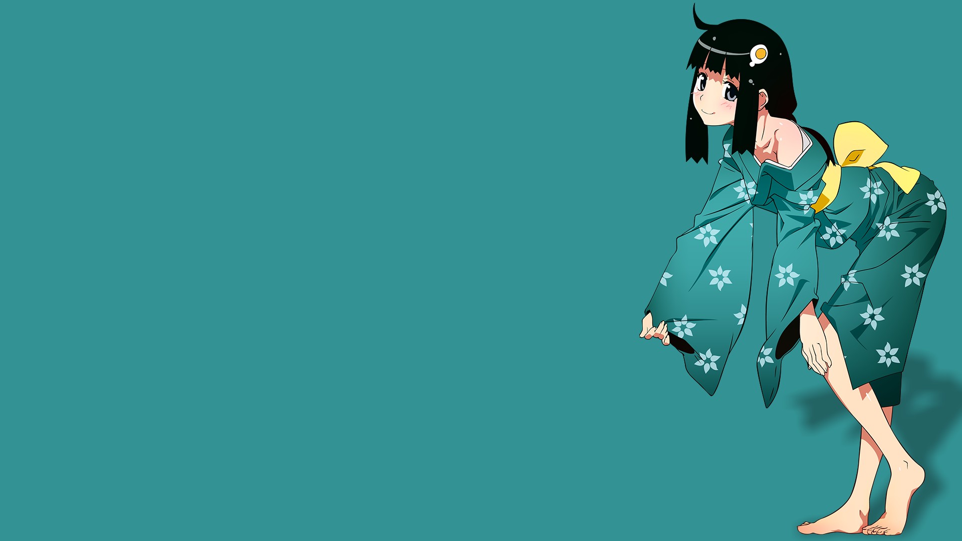 anime, Anime girls, Araragi Tsukihi, Kimono, Ribbon, Smiling, Simple background Wallpaper