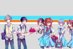 anime, Anime girls, Neon Genesis Evangelion, Asuka Langley Soryu, Ayanami Rei, Makinami Mari Illustrious, Ikari Shinji, Kaworu Nagisa, School uniform, Ribbon