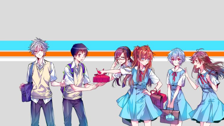 anime, Anime girls, Neon Genesis Evangelion, Asuka Langley Soryu, Ayanami Rei, Makinami Mari Illustrious, Ikari Shinji, Kaworu Nagisa, School uniform, Ribbon HD Wallpaper Desktop Background