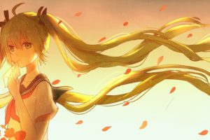 Vocaloid, Hatsune Miku, Long hair, Twintails, Ribbon, Flowers, Flower petals, Wind, Anime girls, Anime