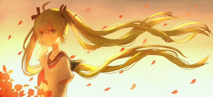 Vocaloid, Hatsune Miku, Long hair, Twintails, Ribbon, Flowers, Flower petals, Wind, Anime girls, Anime HD Wallpaper Desktop Background