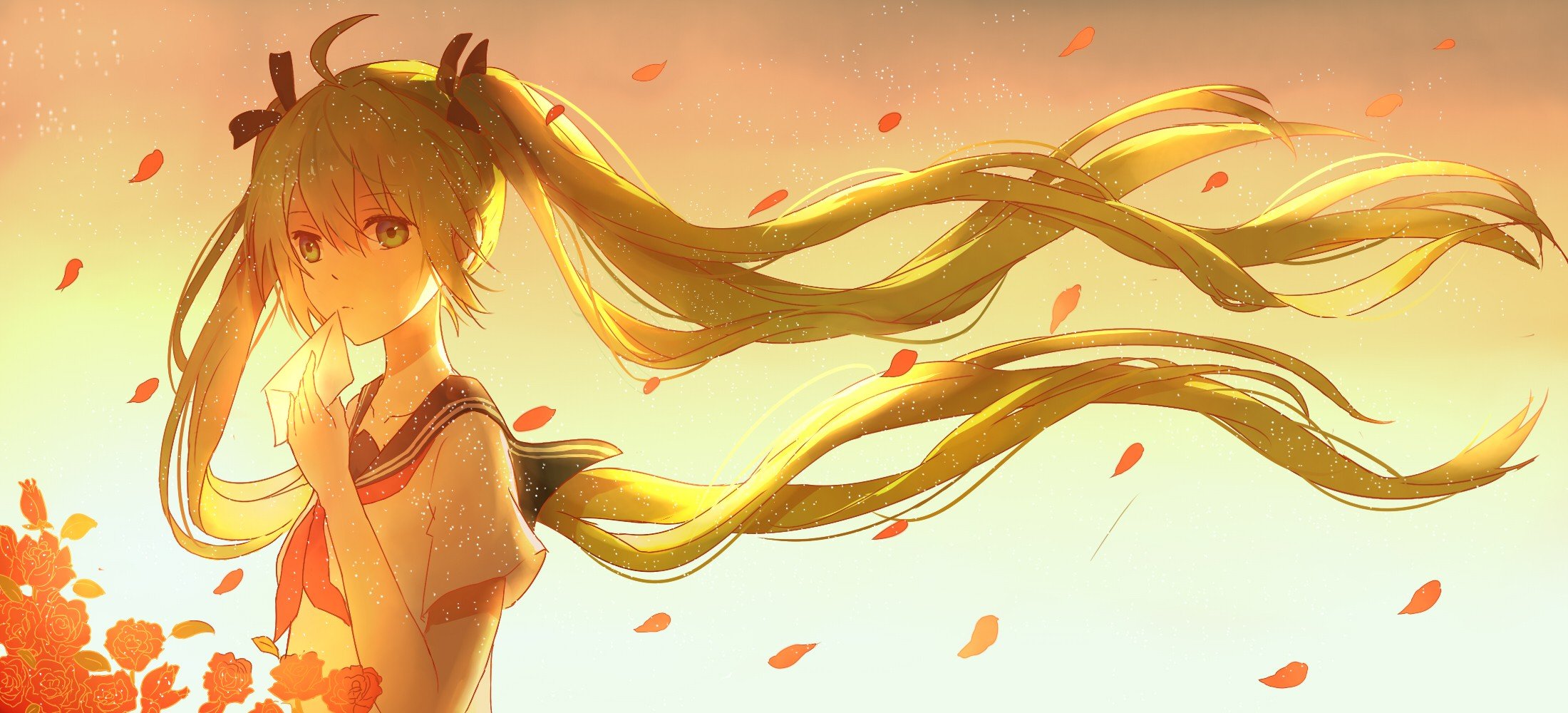 Vocaloid, Hatsune Miku, Long hair, Twintails, Ribbon, Flowers, Flower petals, Wind, Anime girls, Anime Wallpaper