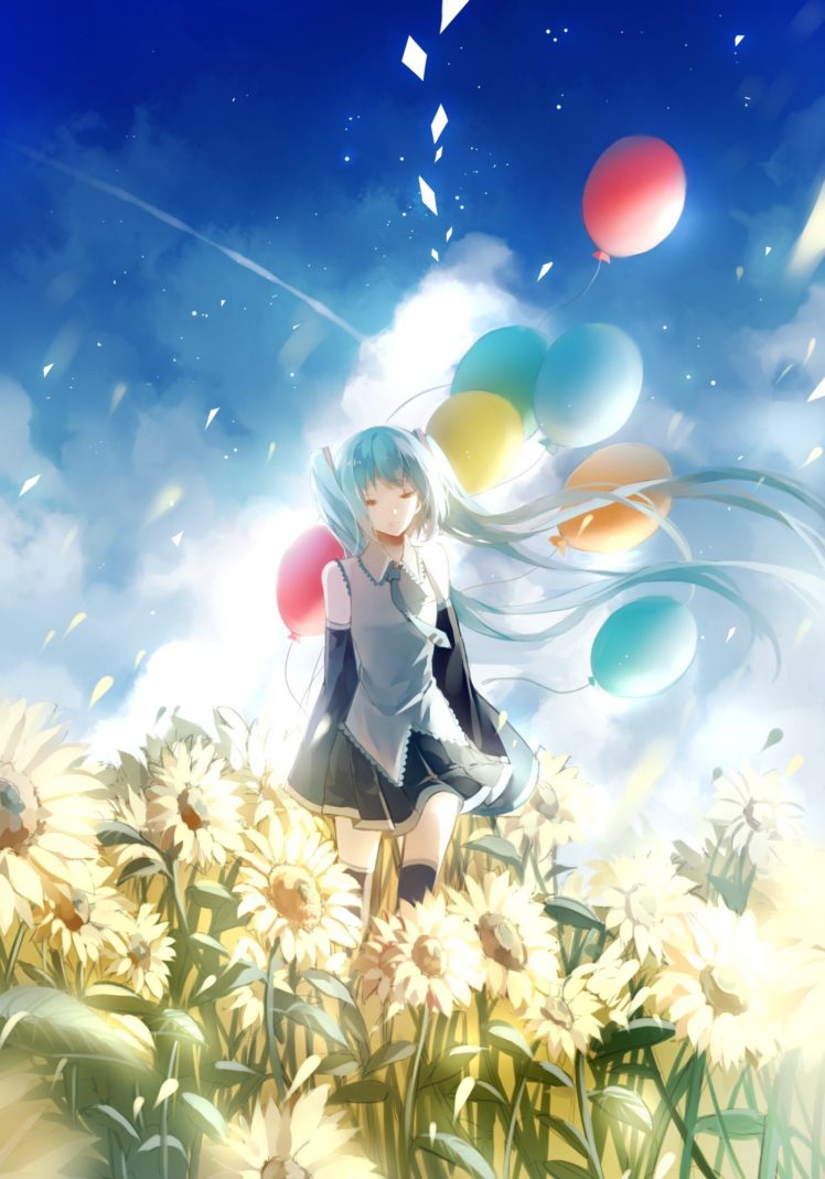 Vocaloid, Hatsune Miku, Long hair, Twintails, Balloons, Flowers, Thigh highs, Neckties, Skirt, Flower petals, Wind, Sky, Clouds, Anime girls, Anime HD Wallpaper Desktop Background