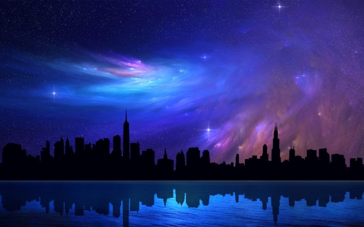 chicago, Skyscrapers, Sky, Skyscrapers, Abstraction, Stars, Night, Reflection, Beautiful, Dreamy, Nebula HD Wallpaper Desktop Background