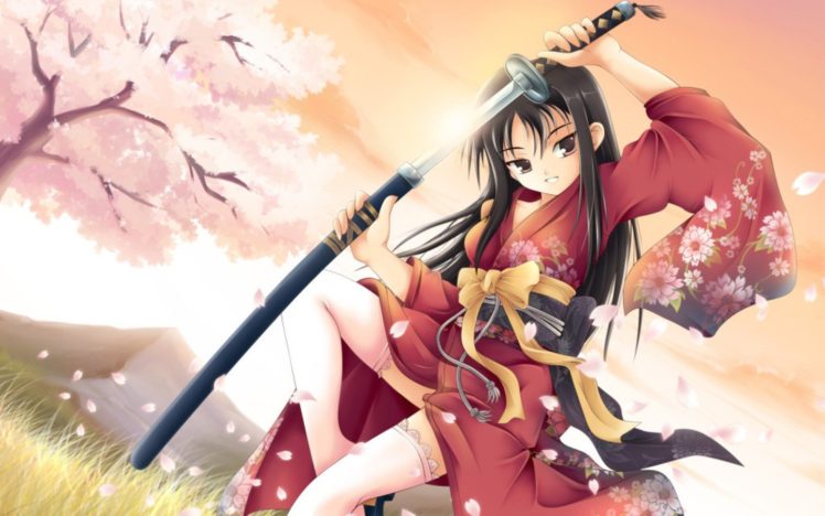 anime girls, Warrior, Thigh highs, Traditional clothing, Sword HD Wallpaper Desktop Background