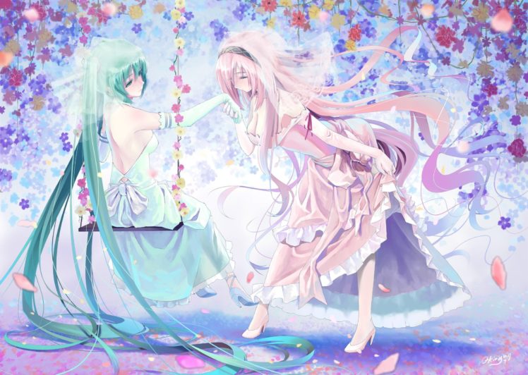 flowers, Dress, Vocaloid, Megurine Luka, Hatsune Miku, Wedding dress, High heels HD Wallpaper Desktop Background