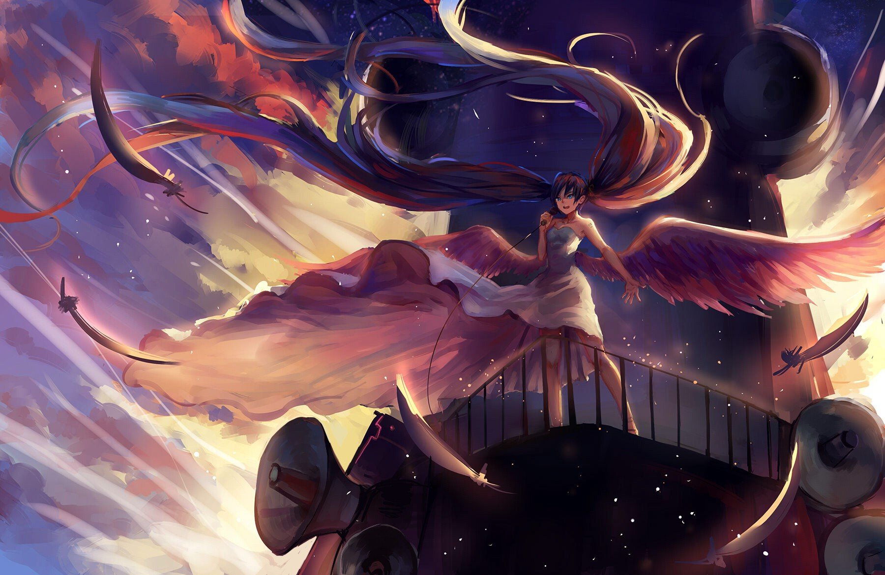 ship, Feathers, Wings, Dress, Microphones, Vocaloid Wallpaper