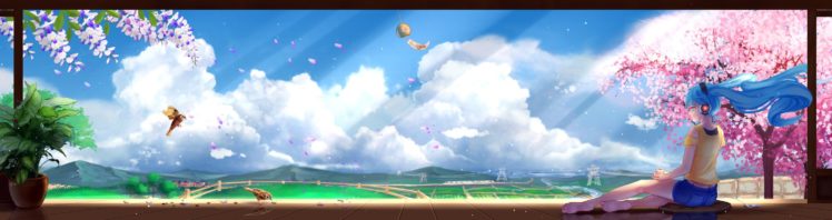 clouds, Headphones, Cherry blossom, Birds HD Wallpaper Desktop Background