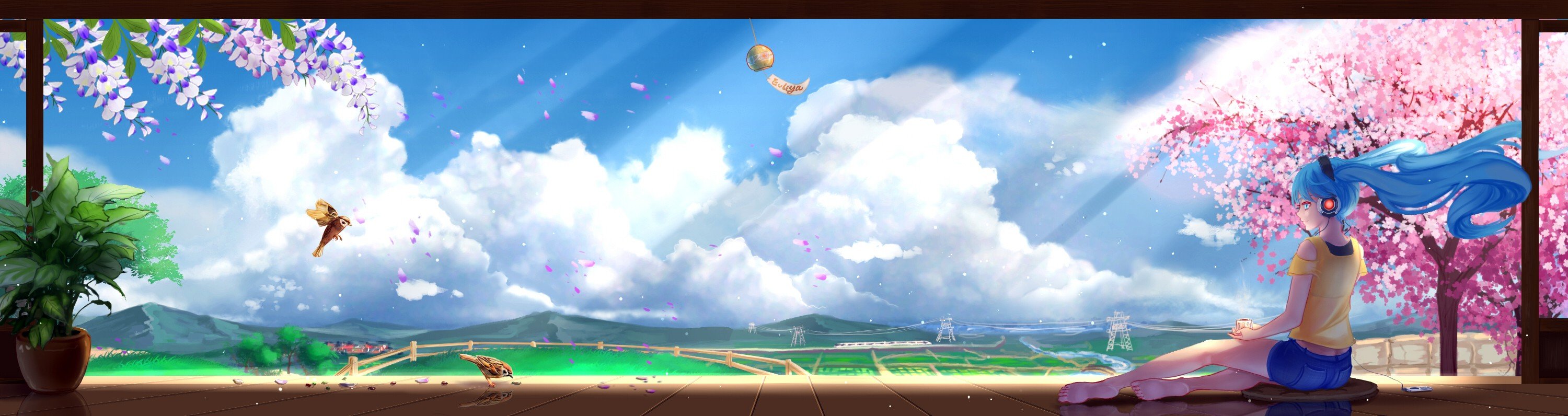 clouds, Headphones, Cherry blossom, Birds Wallpaper