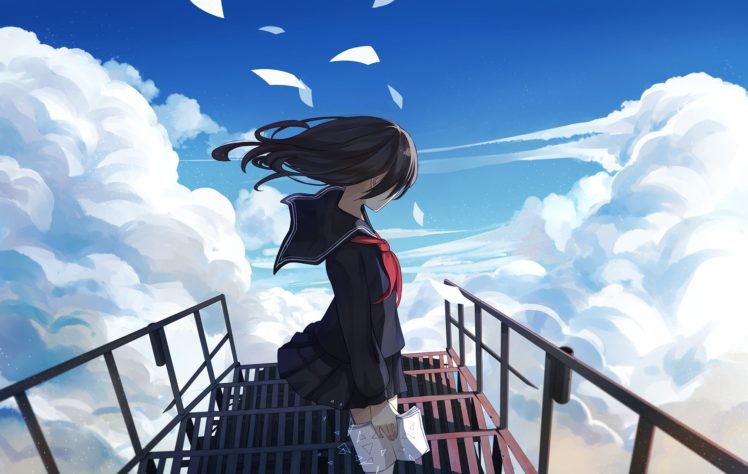 clouds, Paper, School uniform, Stairs, Heights, Sky HD Wallpaper Desktop Background