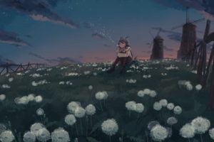windmills, Stars, Flowers, Landscape, Anime girls